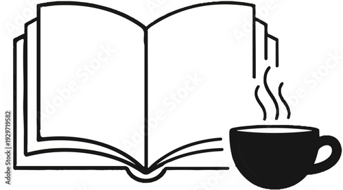 Open book with steam rising from a hot cup of coffee beside it
