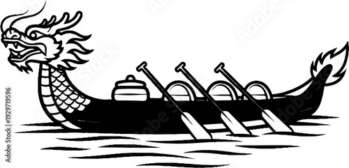Black and white illustration of a dragon boat with oarsmen on choppy water