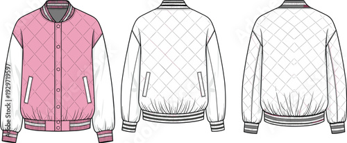Women pink quilted varsity bomber jacket with contrast sleeves, diamond stitch sports coat, technical fashion flat sketch, cad drawing flat vector illustration.