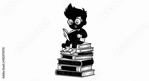 A cheerful, bespectacled child engrossed in a book, perched atop a substantial stack of literary volumes