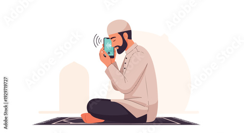 Muslim man praying with a smartphone, displaying digital prayer times and Qibla direction, modern Islamic devotion