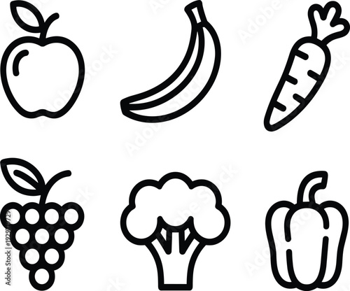 Six black and white of fruits and vegetables including apple banana carrot grapes broccoli and