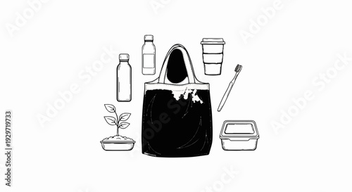 Black reusable shopping bag surrounded by eco-friendly items