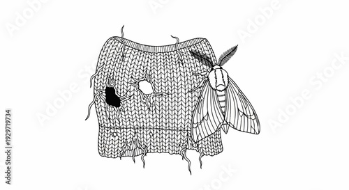 A moth perched on a torn, knitted garment with a large hole and dangling threads