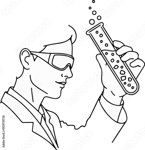 Person in safety goggles examines bubbling liquid in a test tube during an experiment