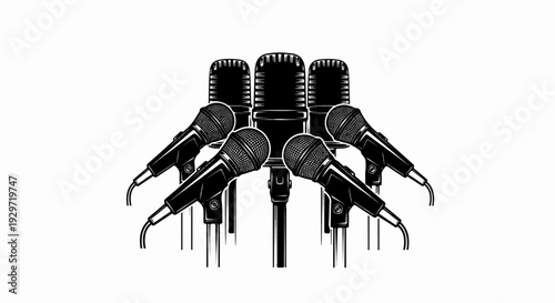 Group of vintage microphones arranged in a circle