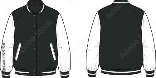 Unisex varsity bomber jacket with contrast sleeves, letterman sports coat template, technical fashion flat sketch, cad drawing flat vector illustration, apparel design.