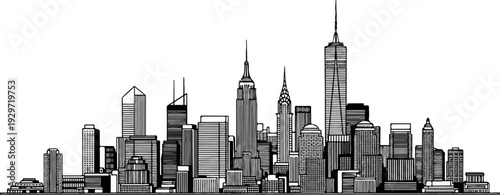 Stylized black and white illustration of a diverse urban skyline
