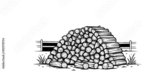 A large pile of stacked logs behind a split rail fence in an outdoor scene