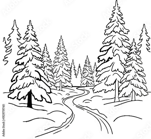 A wintry scene features snow-laden evergreen trees and a winding path through the snow
