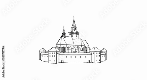A detailed sketch of a grand fortified church with multiple spires and turrets