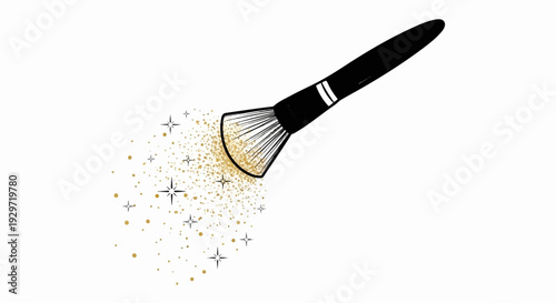 A cosmetic brush dusting sparkling golden particles against a white background