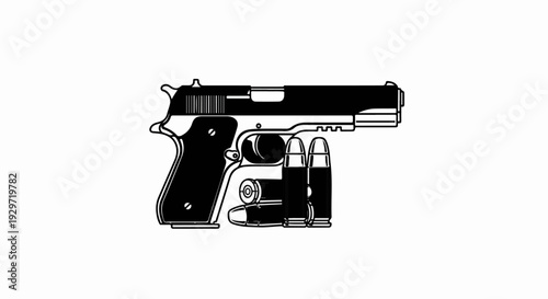 A black and white illustration of a handgun with three bullets