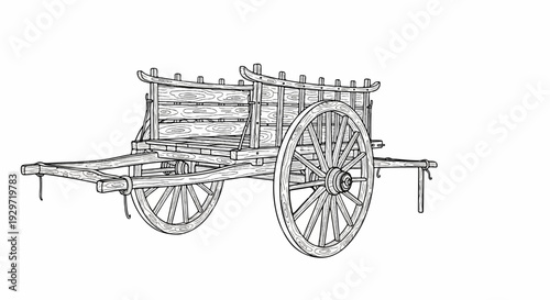 Detailed line drawing of a rustic wooden cart with two large spoked wheels and a high slatted body