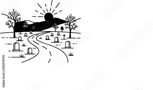 A winding road curves through a graveyard under a stylized sun