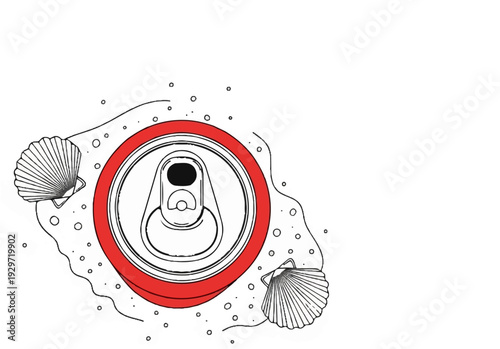 A red-ringed beverage can sits on sand with two seashells and tiny bubbles