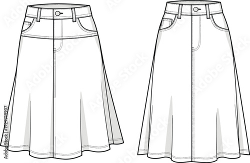 Women denim midi skirt with pockets, casual A-line silhouette, high waisted jeans skirt template, technical fashion flat sketch, cad drawing flat vector illustration.