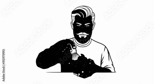 Stylish man with beard preparing lather with brush and bowl