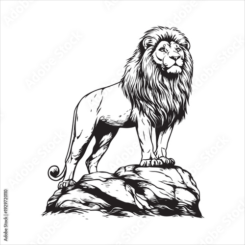 Black and white silhouette of a roaring lion standing on a rock. 