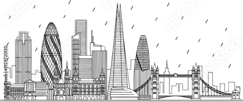 A black and white sketch of a modern cityscape with iconic buildings and falling raindrops