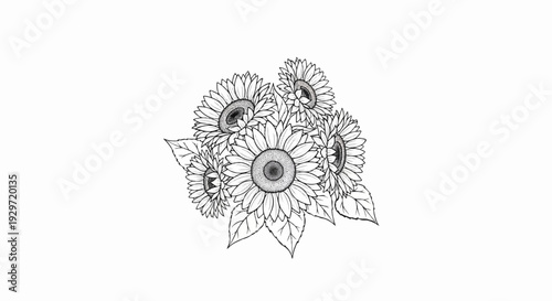 A detailed sketch of a bouquet of sunflowers with leaves