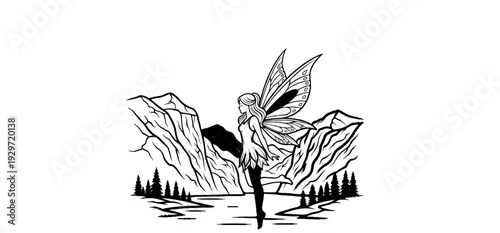 A winged figure stands by a water body with mountainous terrain and trees