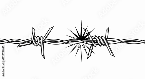 Sharp metal barbs on twisted wire, a starburst shape emanates from center