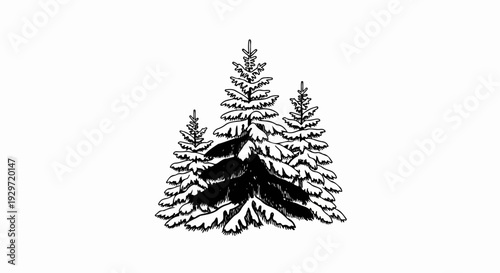 Three evergreen trees drawn in a sketchy black and white style
