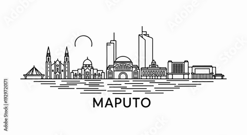 A minimalist black and white skyline illustration of Maputo's iconic buildings