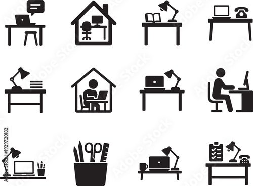 Workspace excellent icon collection for home office, desk lighting, chat and worker profile.