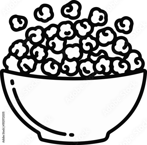 A black and white drawing of a bowl overflowing with fluffy popcorn