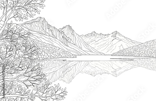 Line drawing of mountains and a lake with trees reflecting in calm water