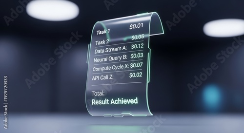 Flexible transparent screen showing AI agent cost breakdown. Outcome-based pricing model for artificial intelligence services. Future digital invoicing abstract.