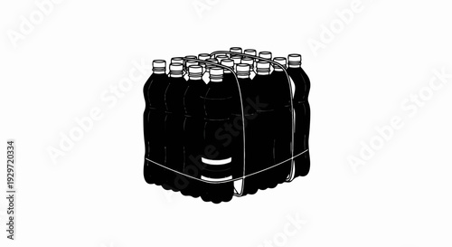A cluster of dark plastic bottles, bound together with white strapping, forming a cube