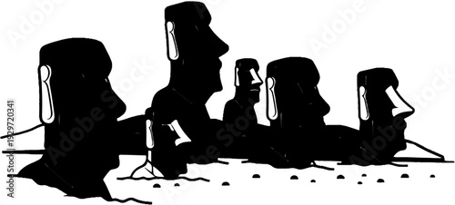 Stylized black and white silhouettes of monolithic stone figures on a white background