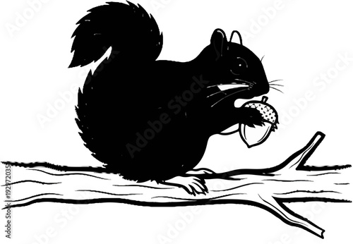 A black squirrel sits on a branch, holding an acorn in its paws