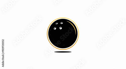 Black bowling ball with golden trim and finger holes on a white background