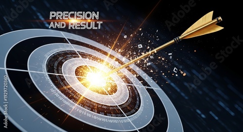 Golden arrow hitting bullseye target with binary code. Precision and result in digital business strategy. AI agent and outcome-based pricing concept for success.