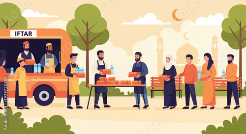Joyful Community Iftar Celebration People Sharing Food and Drinks from a Truck and Tables, a Heartwarming Scene of Generosity and Togetherness Under the Evening Sky Near a Mosque