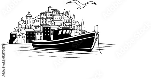 A black and white illustration of a boat docked in a seaside town with a bird flying overhead
