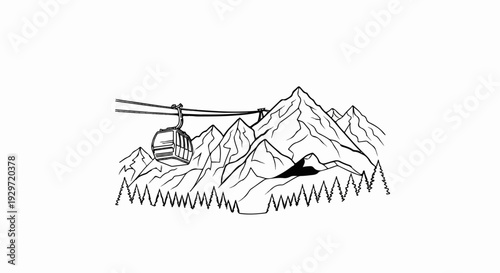 A cable car ascends a snowy mountain range, with trees below