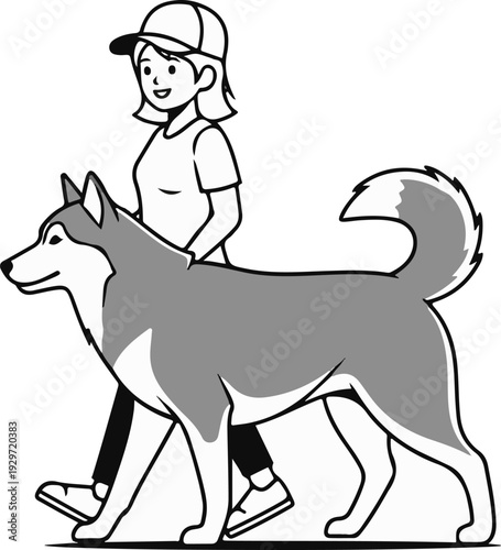 Woman in cap walks a friendly dog, a joyful outdoor activity