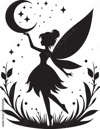 Whimsical fairy silhouette under starry night sky