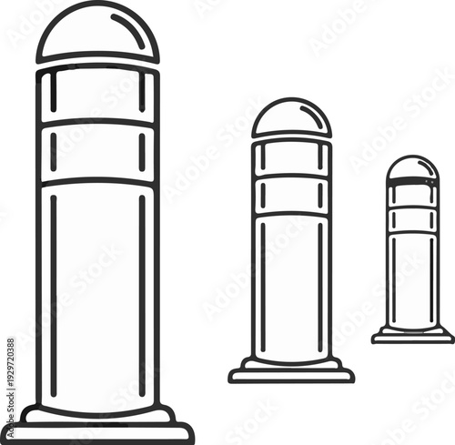 Three varying sized posts with rounded tops and banded cylindrical bodies