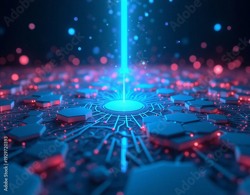 Layered paper cut neural network nodes with glowing cyan magenta pathways. Worm's eye view geometric blockchain structure rising upward, dark background neon highlights, sharp paper edge shadows