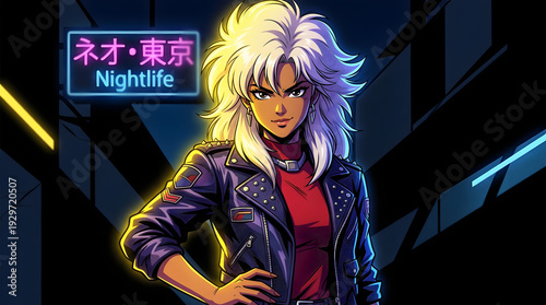  Retro anime portrait of woman with silver hair and neon lighting
