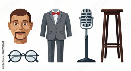 Ventriloquist Dummy, Retro Microphone, and Comedian's Attire for Stage Performance and Entertainment