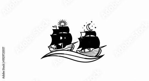 Stylized black and white illustration of two sailing ships on wavy water under sun and moon