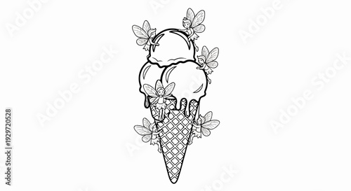 Whimsical ice cream cone with dripping scoops adorned by playful fairy creatures