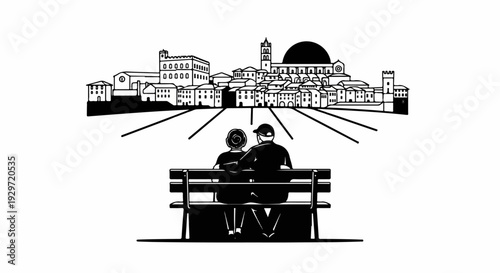 Elderly couple on bench gazes at city skyline